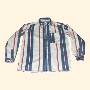 Zara Men Relaxed Fit Denim Shirt Shacket Jacket Blue Red Stripe Long Sleeve M